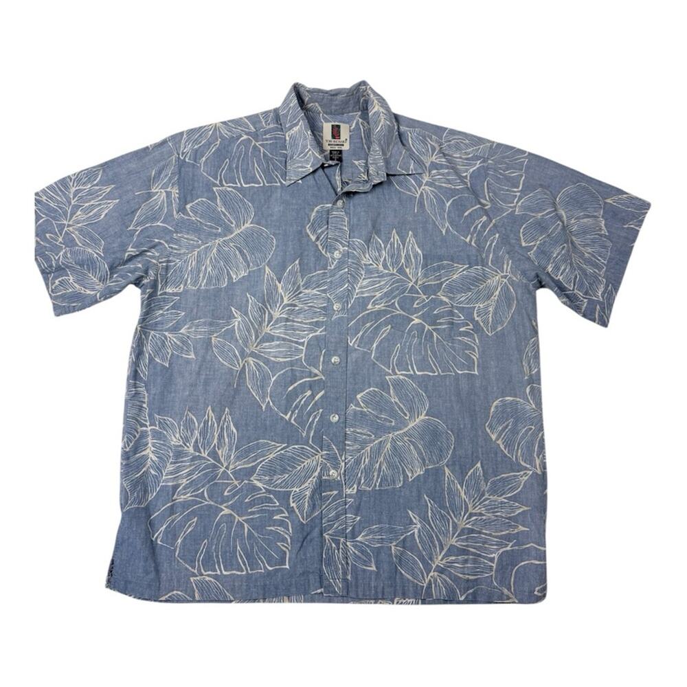 Tori Richard Light Blue Button-Down with White Tropical Leaf Print